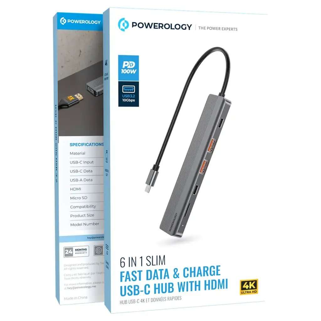 Powerology 6 in 1 Slim 4K HDMI USB-C Hub PD 100W USB MicroSD - Linkphones Center